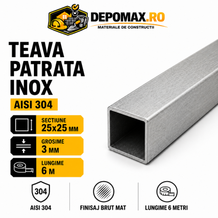 Teava patrata inox AISI 304, 25 x 25 x 3 mm, 6 metri